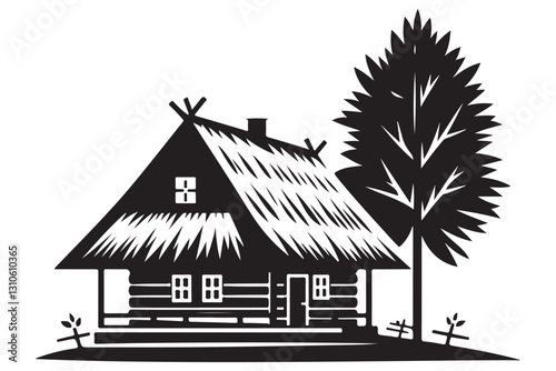 Silhouette of a Traditional Cabin with Thatched Roof and Tree