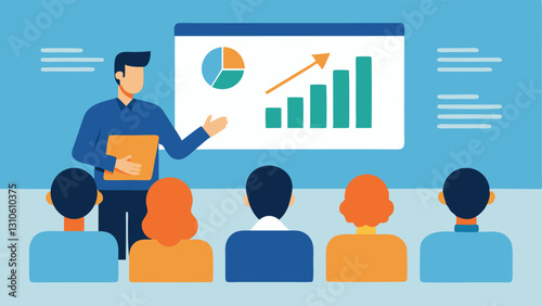 Roadshow Presentation An illustration of a presenter showing a slide deck to an audience of potential investors in a conference room with graphs and figures on the screen