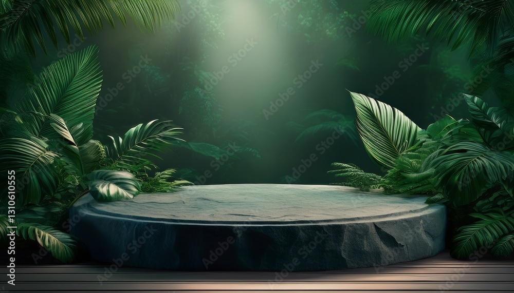 showcases a stone pedestal set within a lush, tropical jungle backdrop. Surrounded by vibrant green foliage and natural textures, the composition exudes a serene and organic ambiance. showcases a stone pedestal set within a lush, tropical jungle backdrop. Surrounded by vibrant green foliage and natural textures, the composition exudes a serene and organic ambiance.