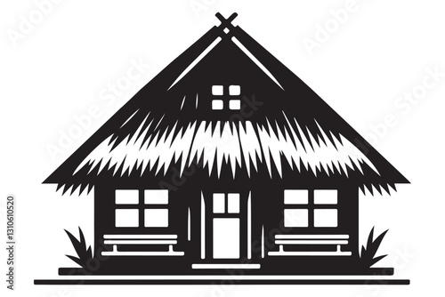 Simple Illustration Silhouette Thatched Roof Home with Bench Seatings