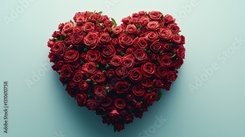 Heart made of red roses, top-down view, studio setting, solid pale blue background