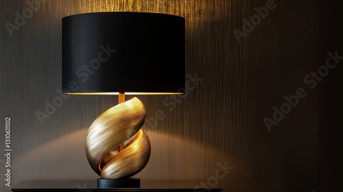 An elegant table lamp with a golden base and black lampshade