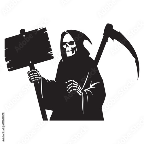 Grim Reaper Illustration Silhouette with Sign and Scythe Vector Art