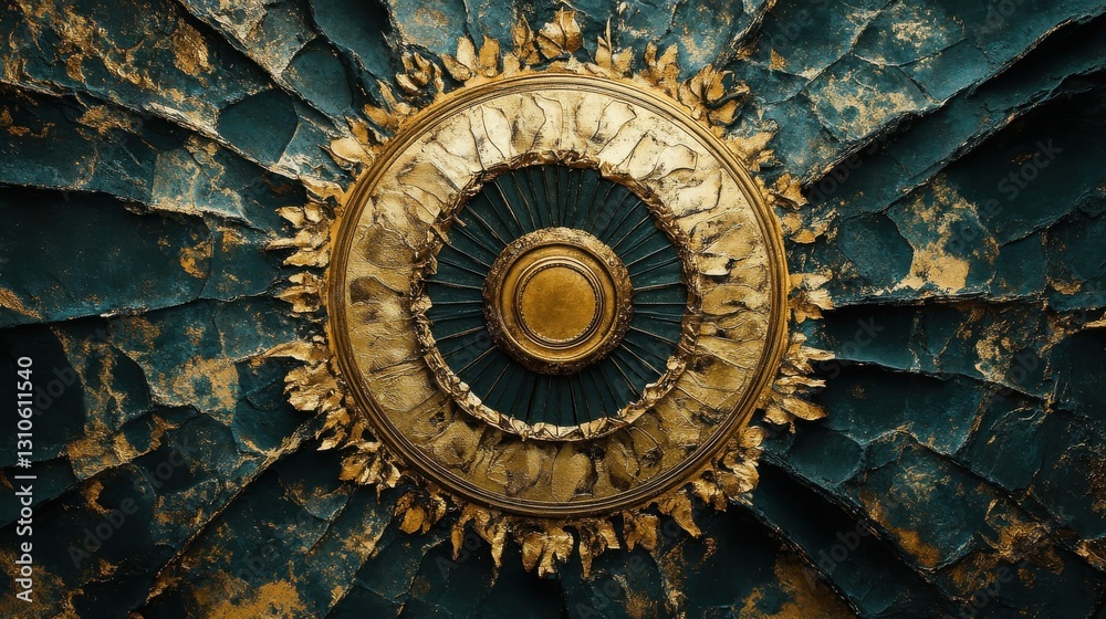 A detailed golden circular ornate design set on teal textured background A detailed golden circular ornate design set on teal textured background