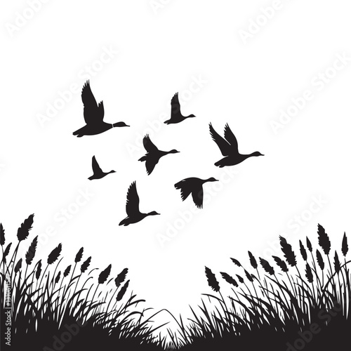 Flying Geese Silhouette Vector Art Over Wild Grass Illustration