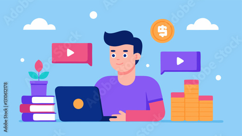 Investment Tips Video A finfluencer recording a short video tutorial surrounded by stacks of coins investment books and playful animations illustrating key concepts like