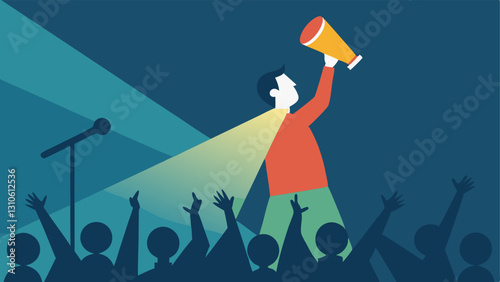 Spotlight on Justice A spotlight illuminating individuals speaking passionately into a microphone surrounded by an enthusiastic crowd showing support.