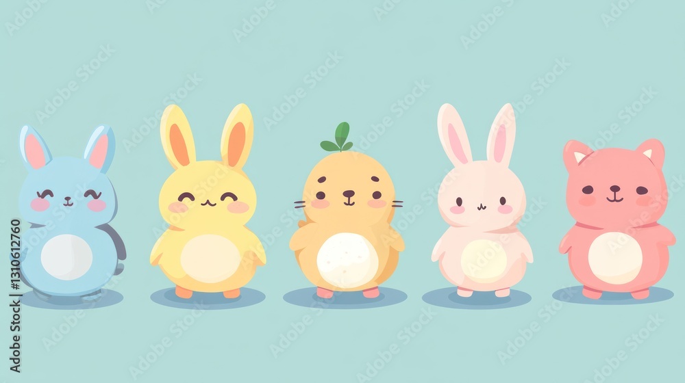 Five Adorable Cartoon Animals Standing Together On A Surface Five Adorable Cartoon Animals Standing Together On A Surface