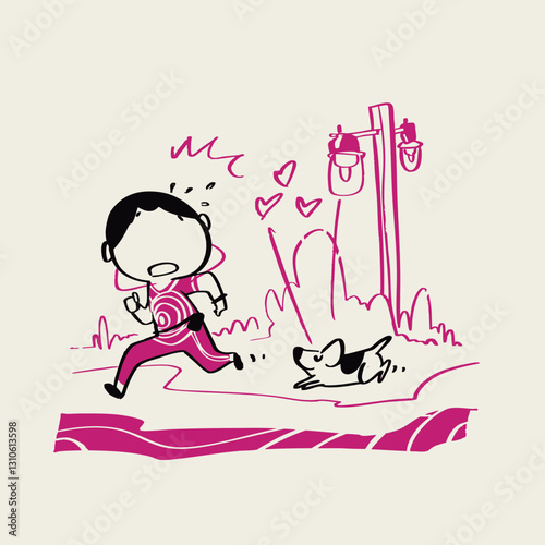 illustration design, a man jogging in park and a puppy is run after by love.