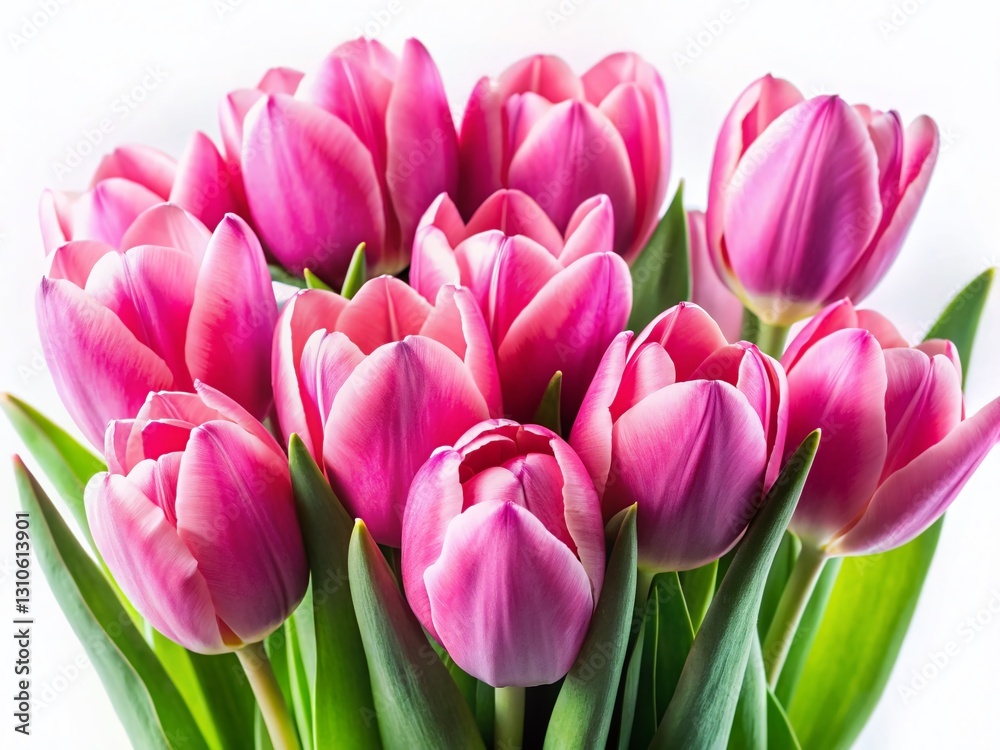 Fototapeta premium Macro Pink Tulip Bouquet, Spring Flowers, Isolated White Background