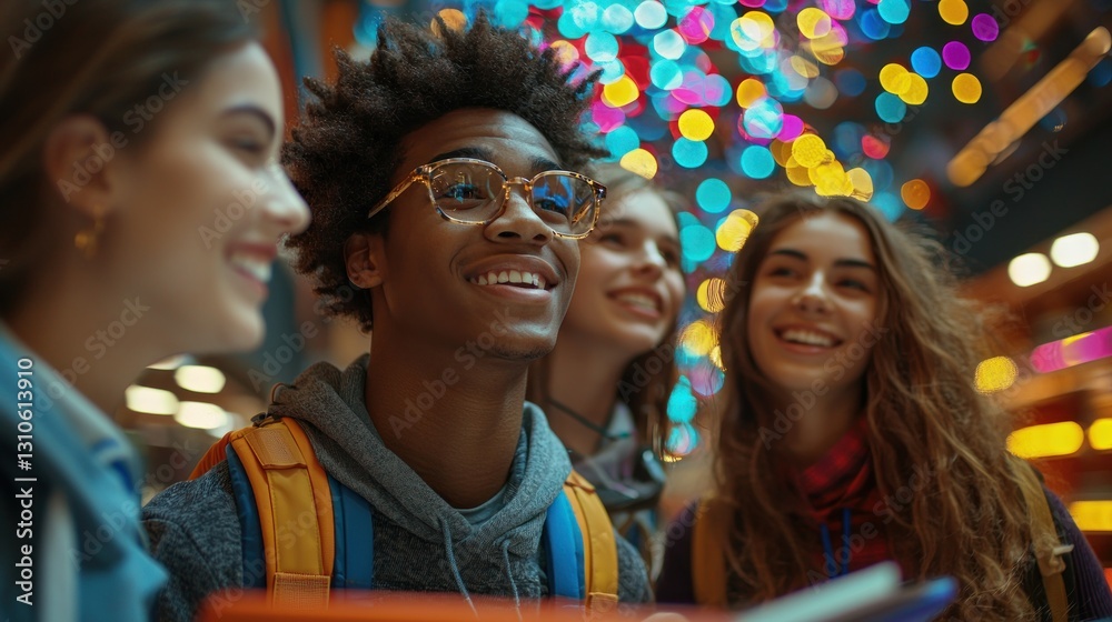 Fototapeta premium Happy friends admire bright lights, diverse smiles, travel, exploring together