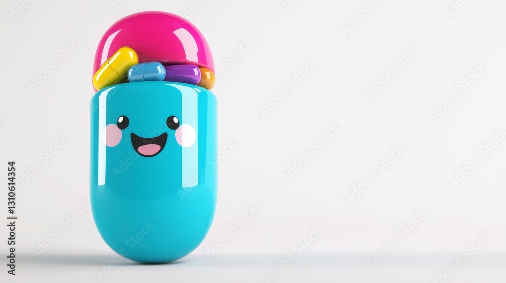 Obraz premium Cute Blue Capsule Character with Colorful Lid and Happy Face