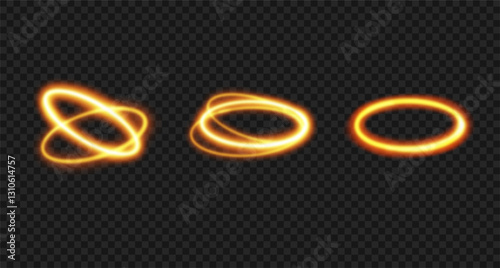 Bright, glowing golden halo. Set of vector illustration. Light, shining solar rings isolated on transparent backdrop