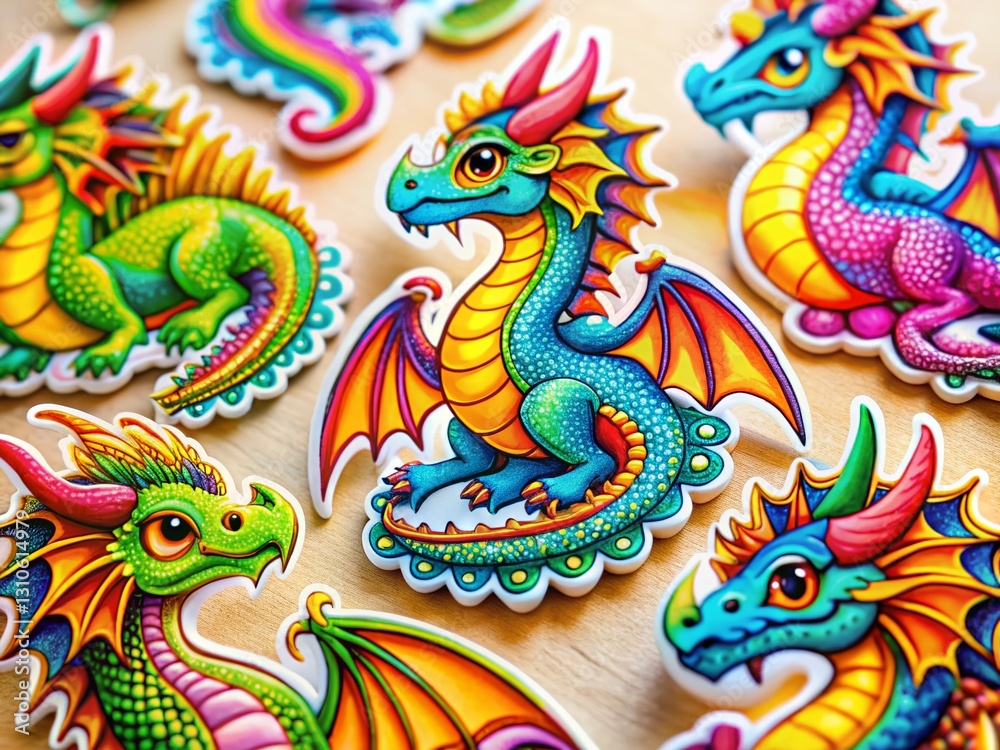Macro Shot of Whimsical Colorful Dragon Stickers, Fun Fantasy Reptile Decals