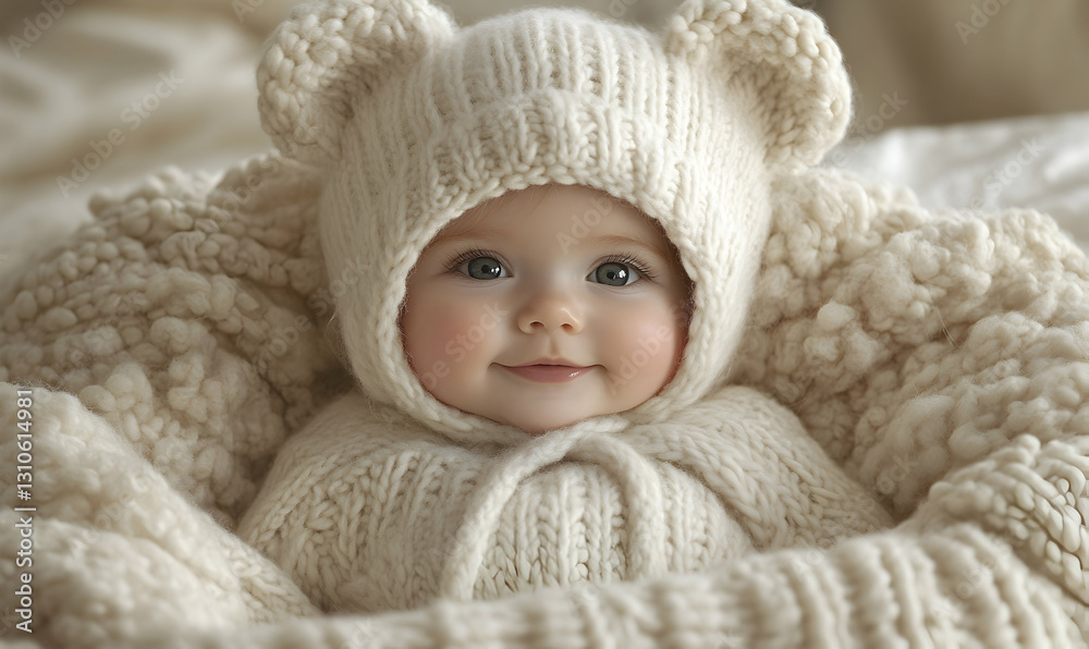 Baby in knitted outfit, cozy indoor Baby in knitted outfit, cozy indoor