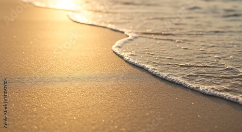 Golden sunlight gently washes over tranquil beach sand. AI Generated
