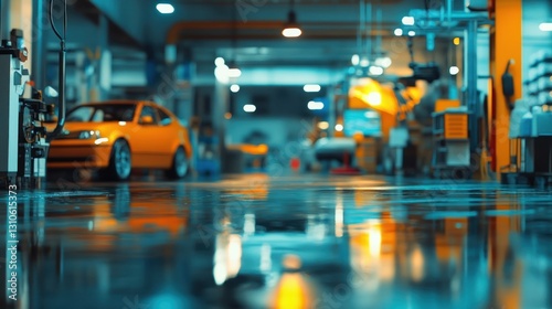 Wallpaper Mural Brightly lit car workshop with orange accents and reflections Torontodigital.ca