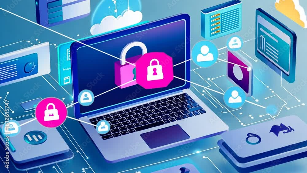 Isometric View of Secure Network with Laptop and Padlock Illustrating Cybersecurity Isometric View of Secure Network with Laptop and Padlock Illustrating Cybersecurity