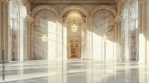 Elegant Marble Interior of a Grand Museum Lobby with Natural Light