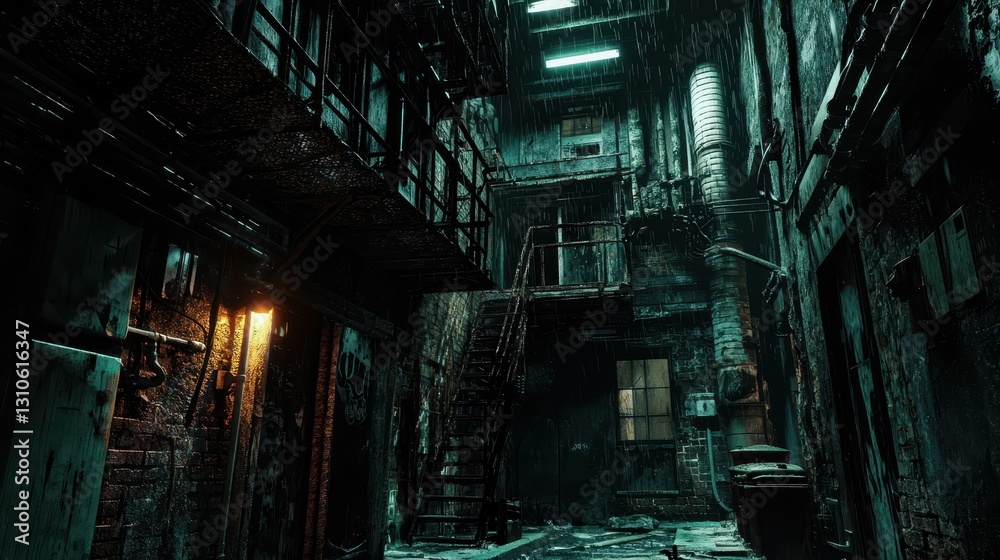 Gritty Urban Alleyway Scene with Rusted Fire Escape and Rain Gritty Urban Alleyway Scene with Rusted Fire Escape and Rain