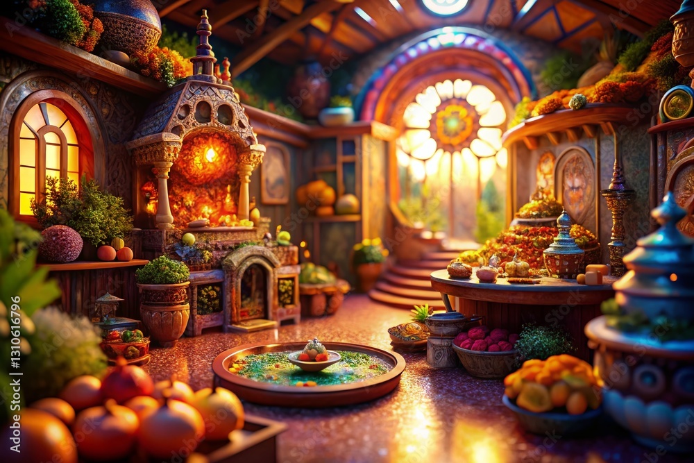 Obraz premium Magical Boho Cooking: Tilt-Shift Food Photography with Intricate Patterned Elements