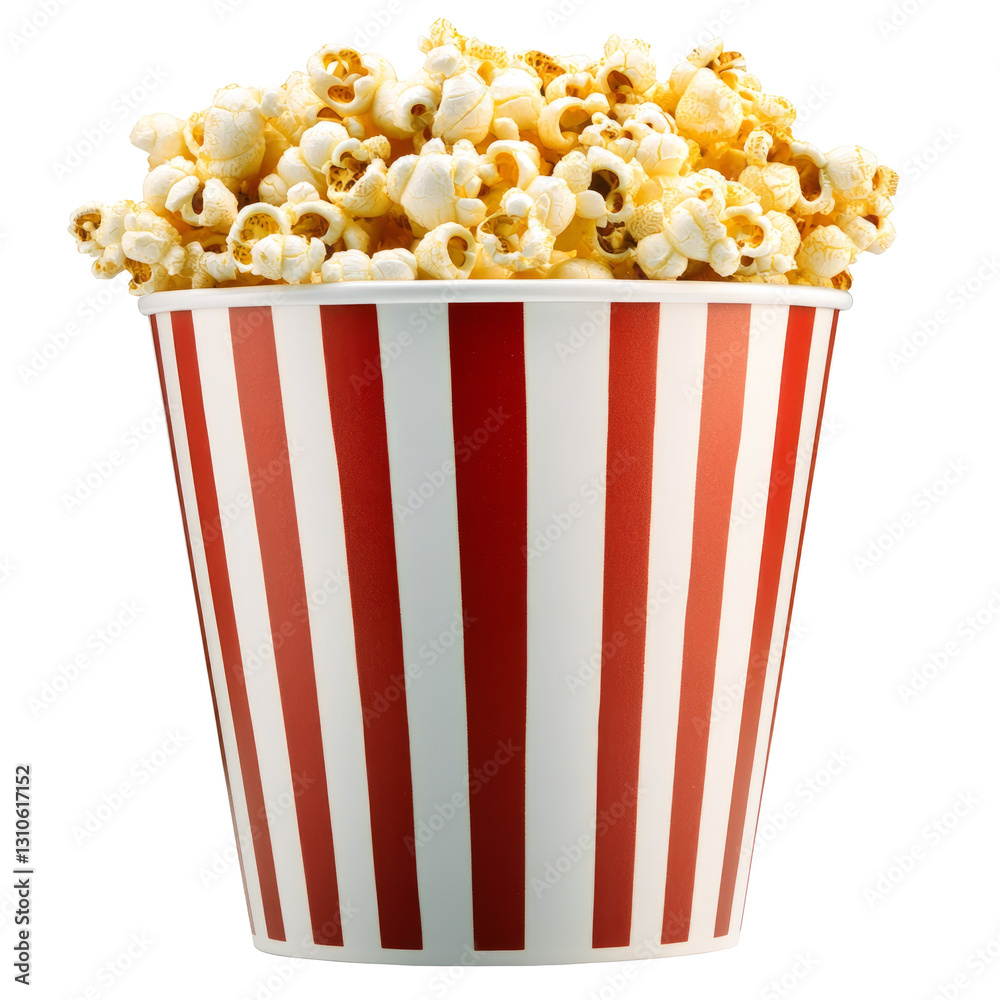 Popcorn In Striped Bucket. Isolated. Delicious Snack For Movie Night, Home Cinema Or Party Popcorn In Striped Bucket. Isolated. Delicious Snack For Movie Night, Home Cinema Or Party