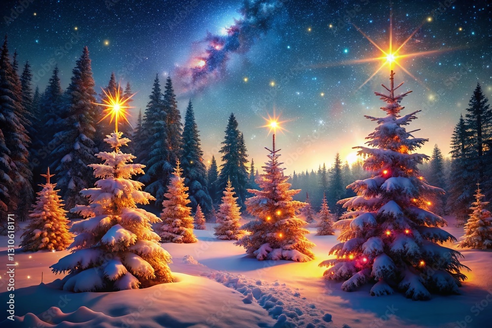 Magical Glowing Christmas Trees in Winter Wonderland - Festive Holiday Stock Photo Magical Glowing Christmas Trees in Winter Wonderland - Festive Holiday Stock Photo