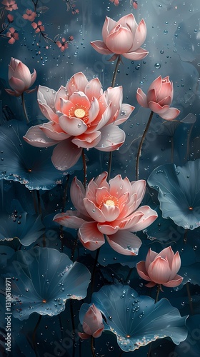 Traditional Chinese jade lotus landscape painting illustration poster background