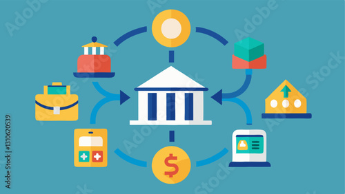 Money Flow An illustration of money being funneled from the central bank to various sectors such as businesses consumers and banks symbolizing the distribution of funds.