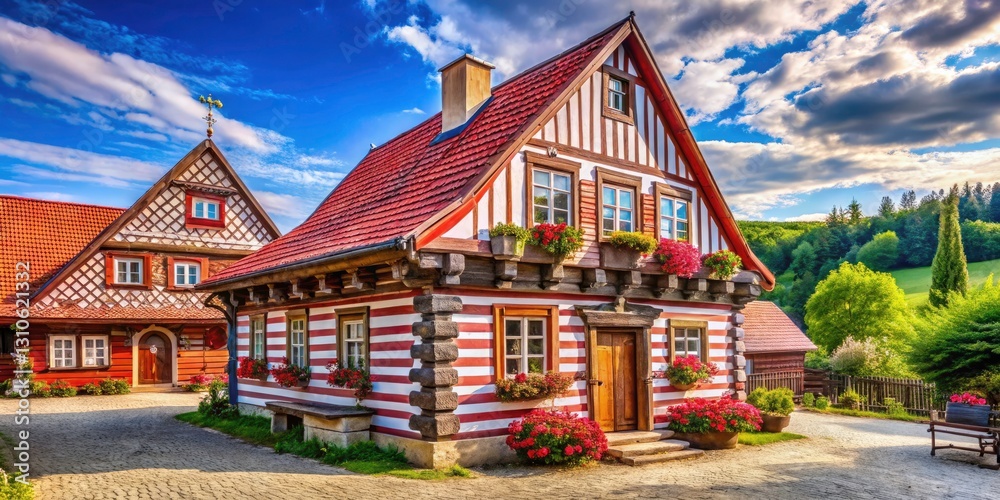 Fototapeta premium Doubrava Farmhouse: Half-Timbered Folk Architecture, Western Bohemia, Czech Republic - Stock Photo