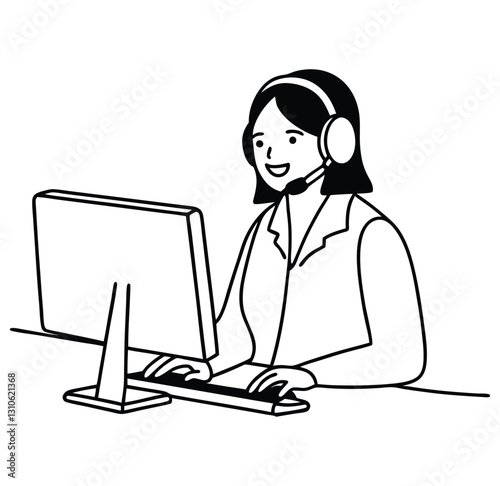 Female customer service operator line drawing  in front of a computer with a headset.