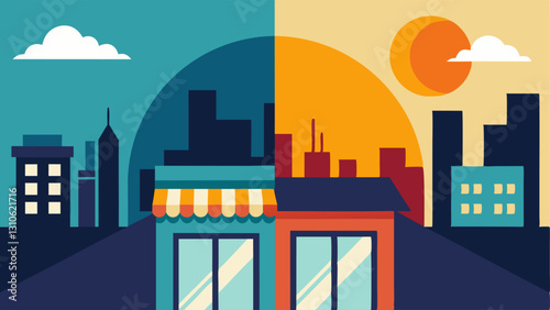 Sunrise Over a City Half of the shows a bright sun over a wealthy area with thriving businesses and the other half depicts a darkened side where businesses are closed.