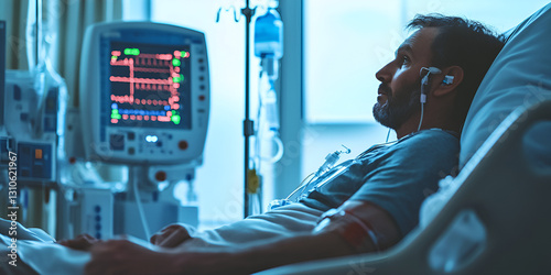 A critically ill male patient lying in a hospital bed, connected to life-support monitors in an intensive care unit, with dim blue lighting symbolizing urgency and medical attention.