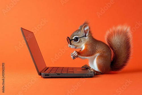 Playful Squirrel Wearing Tiny Spectacles Engaged with a Laptop on Bright Orange Background