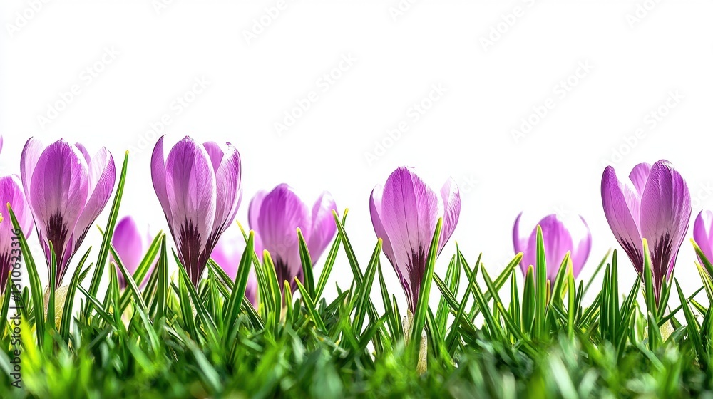 Fototapeta premium Spring Crocuses in Grass on White