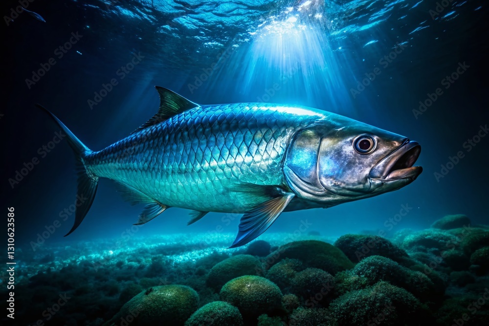 Fototapeta premium Majestic Atlantic Tarpon at Night - Underwater Bioluminescence