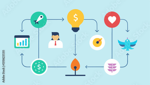 Investment Flow A flowchart showing the process of raising capital starting from a startup idea to angel investment venture capital scaling and eventual exit.
