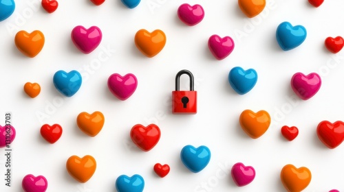 Colorful Hearts with a Red Lock in an Abstract Pattern Design