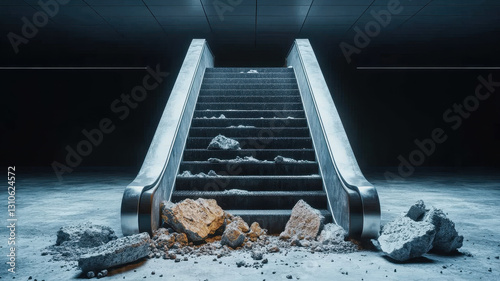 dramatic perspective of damaged escalator with debris scattered around, creating haunting atmosphere in dark underground setting