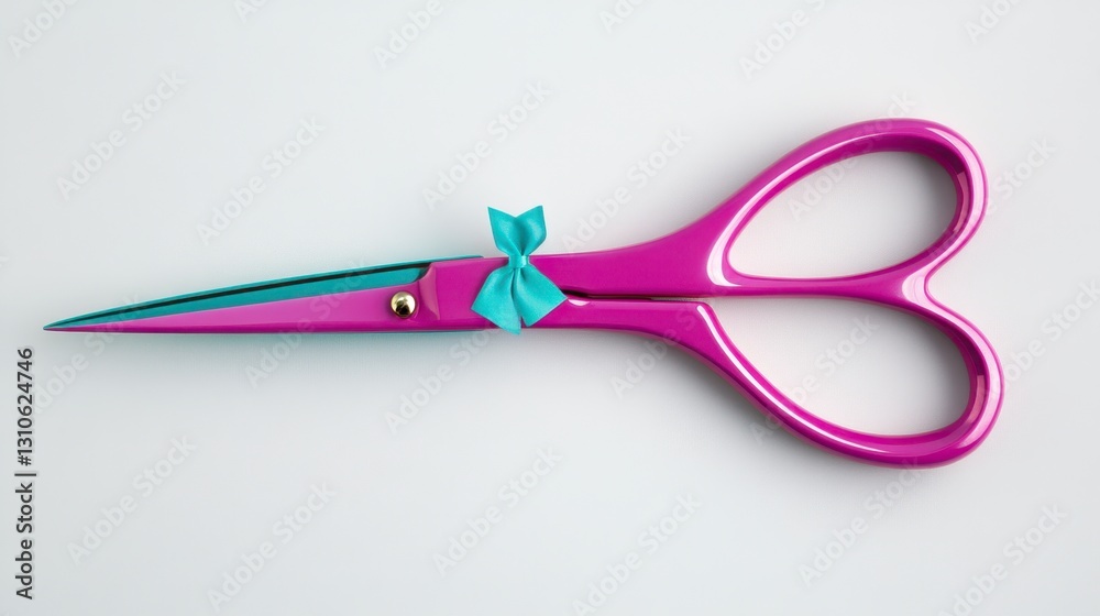Bright Pink Scissors with Blue Bow on Minimalistic Background