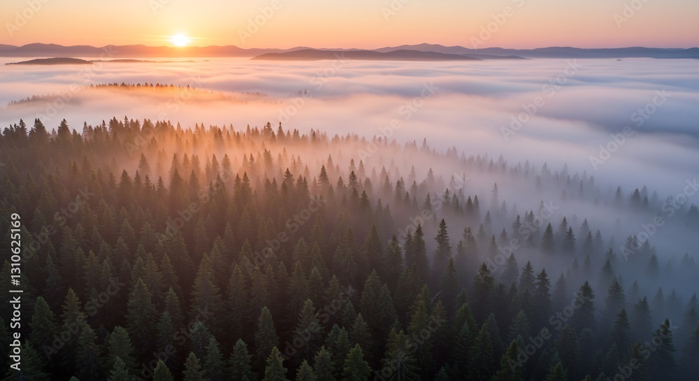 Fototapeta premium Sunrise paints misty forest in warm hues. AI Generated