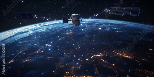 A satellite in Earth’s orbit capturing real-time data and communication signals, with a breathtaking night view of the planet illuminated by city lights.
