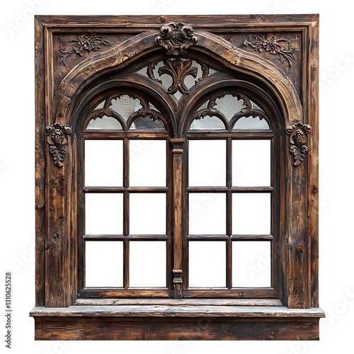 Large wooden window frame with intricate detailing, showcasing a rustic finish The window frame is isolated on white background