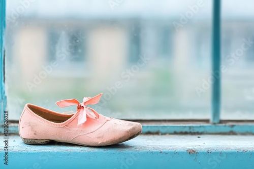 Faded Dreams: Abandoned Ballet Shoe on Dusty Windowsill Signifying Unrealized Aspirations photo