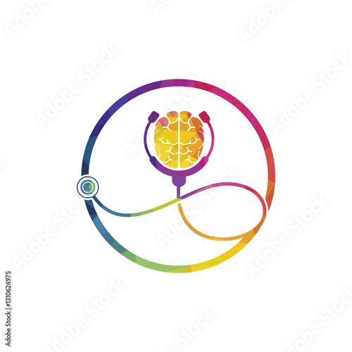 Brain care vector logo template. Stethoscope and human brain icon logo design.