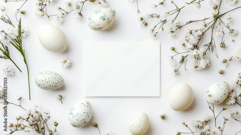 Obraz premium A flat lay of an empty, blank white card, surrounded by delicate Easter eggs and spring flowers on the sides