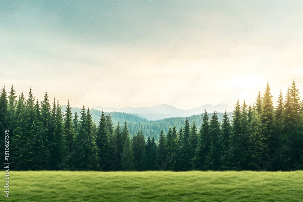 Fototapeta premium beautiful landscape with dense pine forests and mountains under a clear sky, aqua color cloudy sky