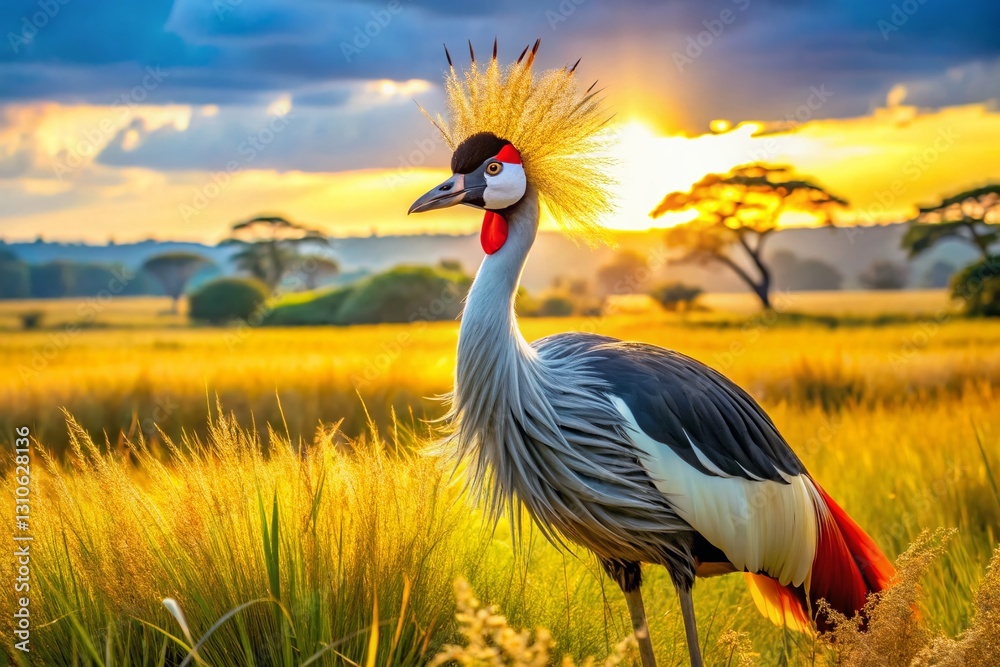 Fototapeta premium Majestic Crowned Crane in African Savanna - Panoramic Wildlife Photography