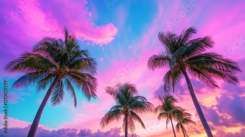 Colorful Sunset Over Tropical Palm Trees with Vibrant Skies