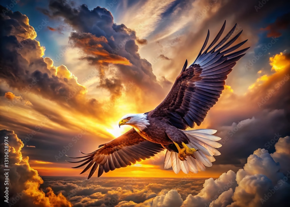 Obraz premium Majestic Eagle Soaring Above Dramatic Cloudy Sky - Wildlife Stock Photo